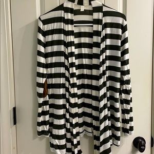 Green and cream striped cardigan with elbow detail